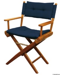 Teak folding chair blue padded fabric 